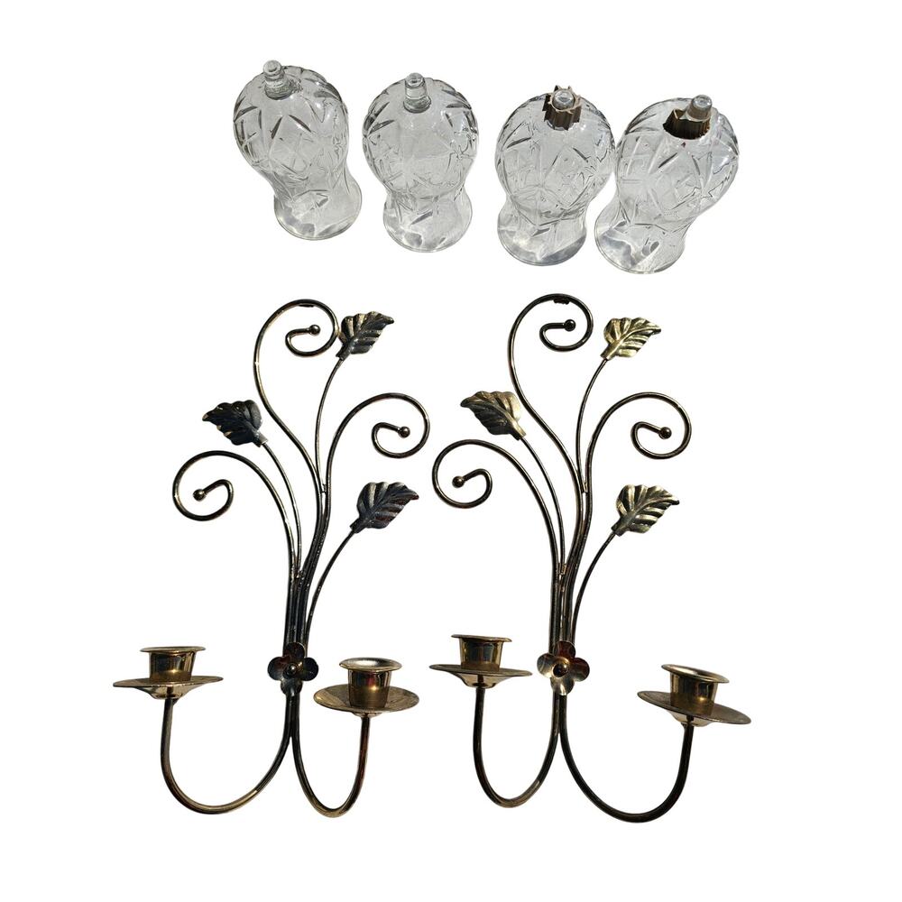 Home Interiors Gold Tone Candle Wall Scones with Crystal Candle Holders
